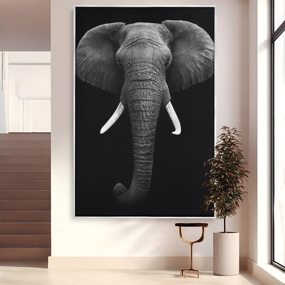 Tablou canvas cu tablou canvas cu cap de elefant, in rama de aluminiu argintiu